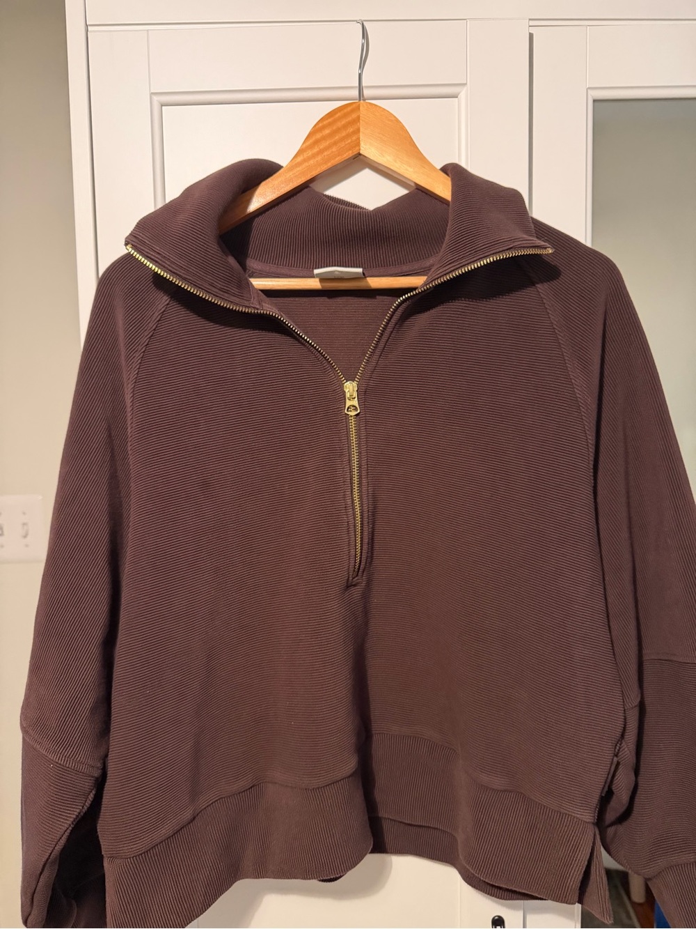 Varley Milano Zip-Neck Pullover in Coffee Bean Brown with Gold Zip